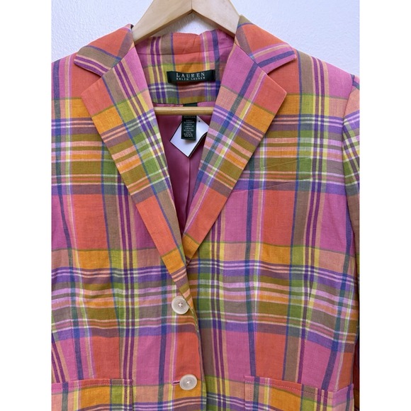Lauren Ralph Lauren Blazer Women's 6 Multicolor Plaid 100% Linen Lined Pockets - Picture 3 of 9